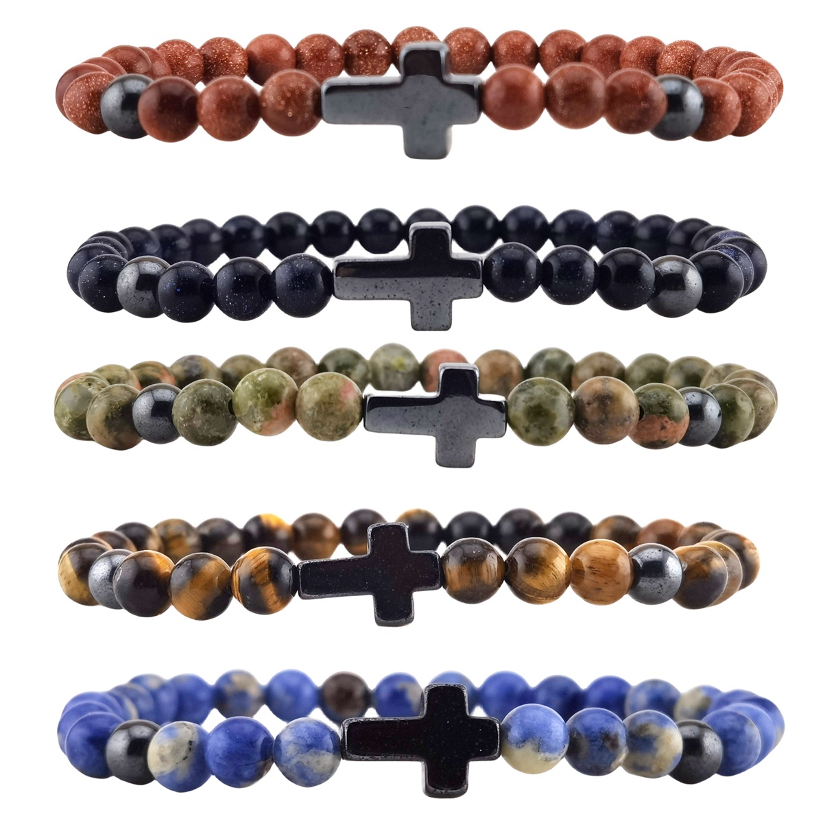 Hematite Cross 6MM Gemstone Beads Stretch Bracelets