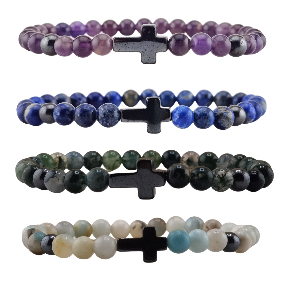 Hematite Cross 6MM Gemstone Beads Stretch Bracelets Lapis Lazuli amazonalite  amethyst 