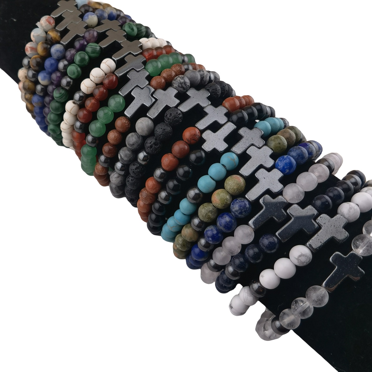 Hematite Cross 6MM Gemstone Beads Stretch Bracelets 