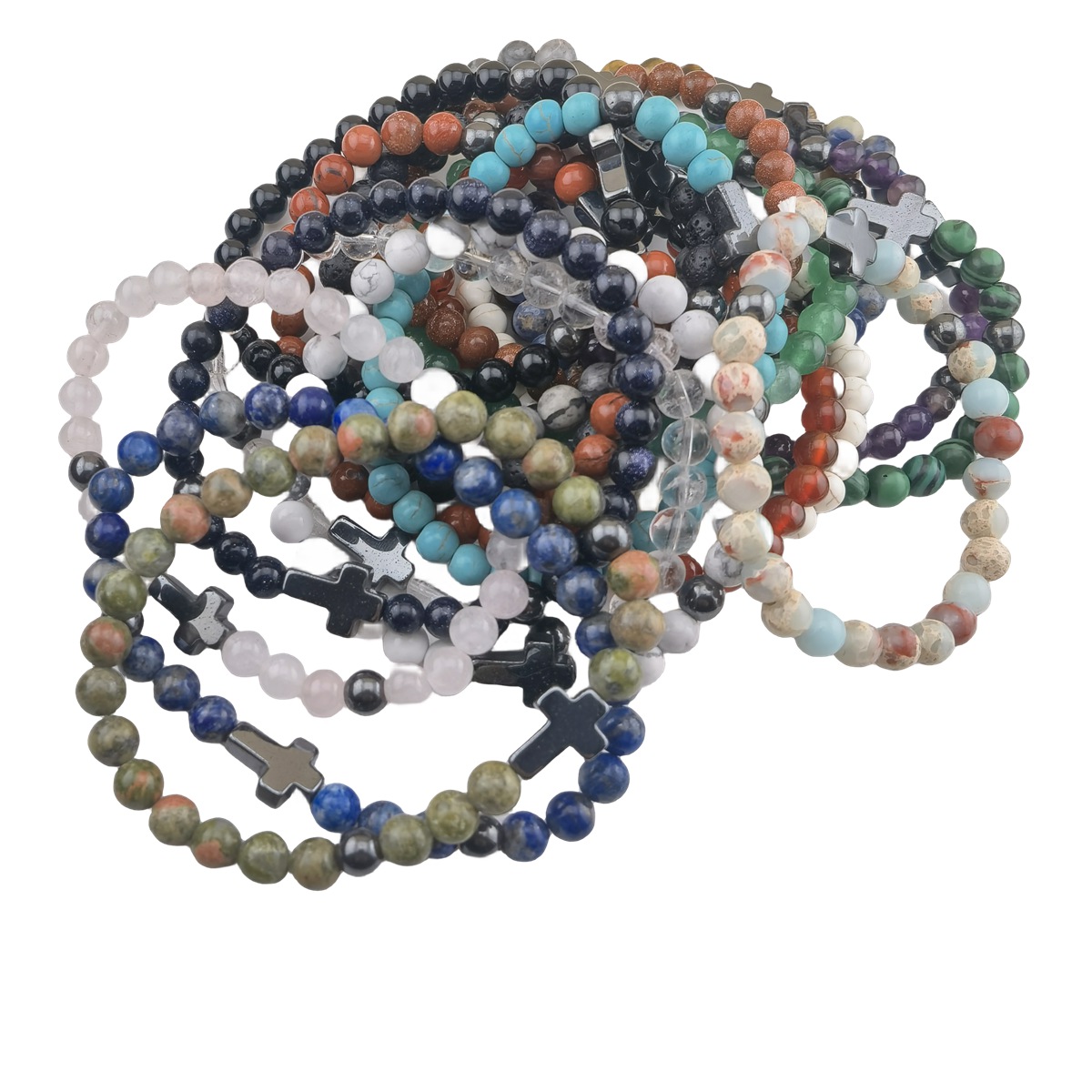 Hematite Cross 6MM Gemstone Beads Stretch Bracelets
