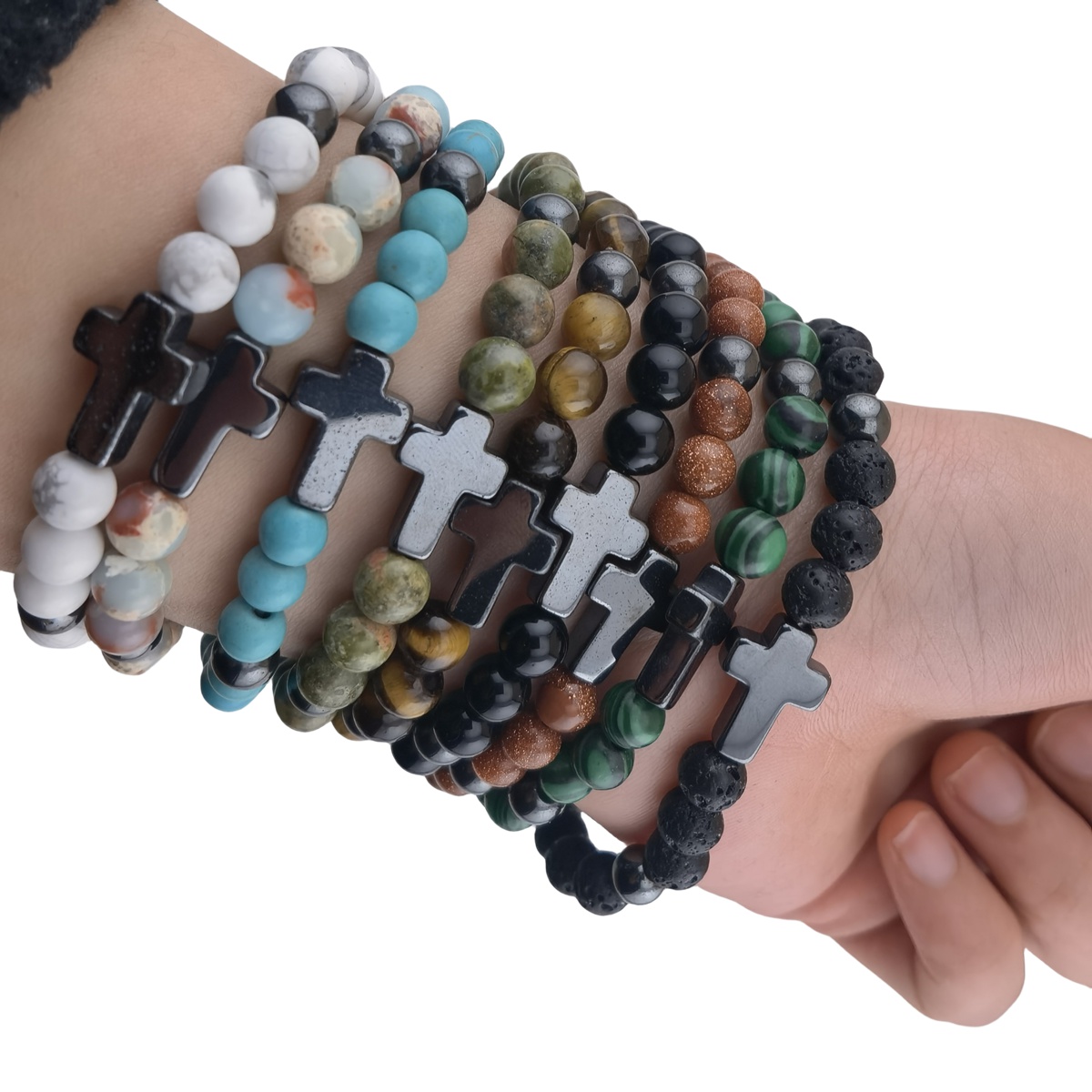 Hematite Cross 6MM Gemstone Beads Stretch Bracelets 