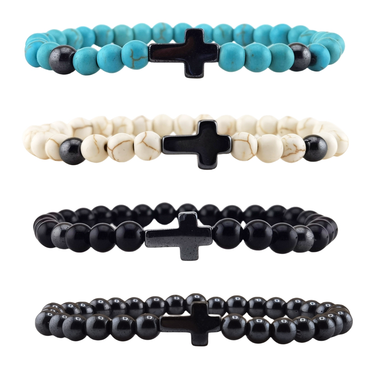 Hematite Cross 6MM Gemstone Beads Stretch Bracelets 