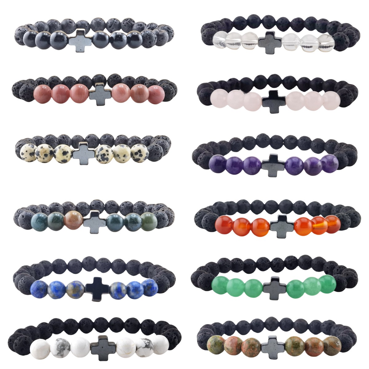 Lava Stone 8MM Beads Bracelet with Gemstone and Hematite Cross