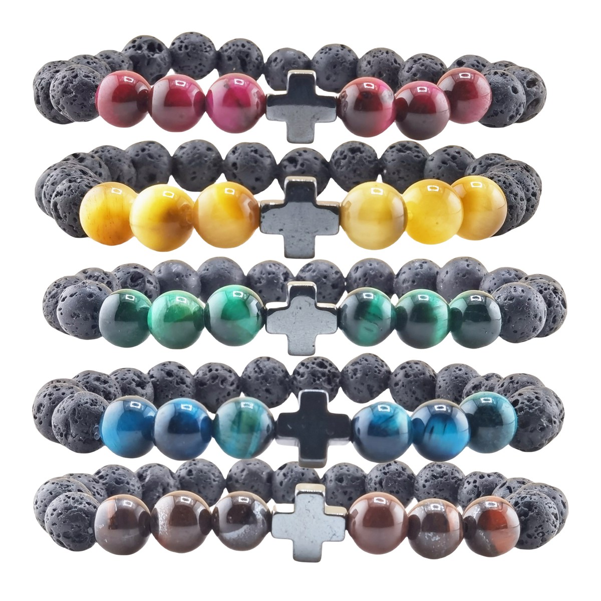 8MM Lava Stone Cross Stone Stretch Bracelet