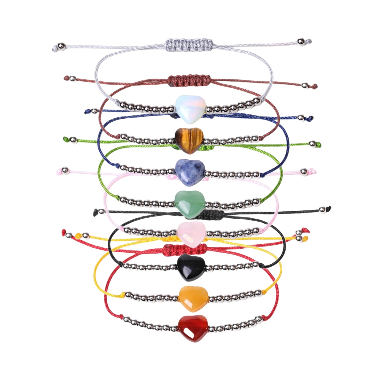 Healing Chakra Heart Stone Bracelet Silver beads Adjustable Jewelry for Women