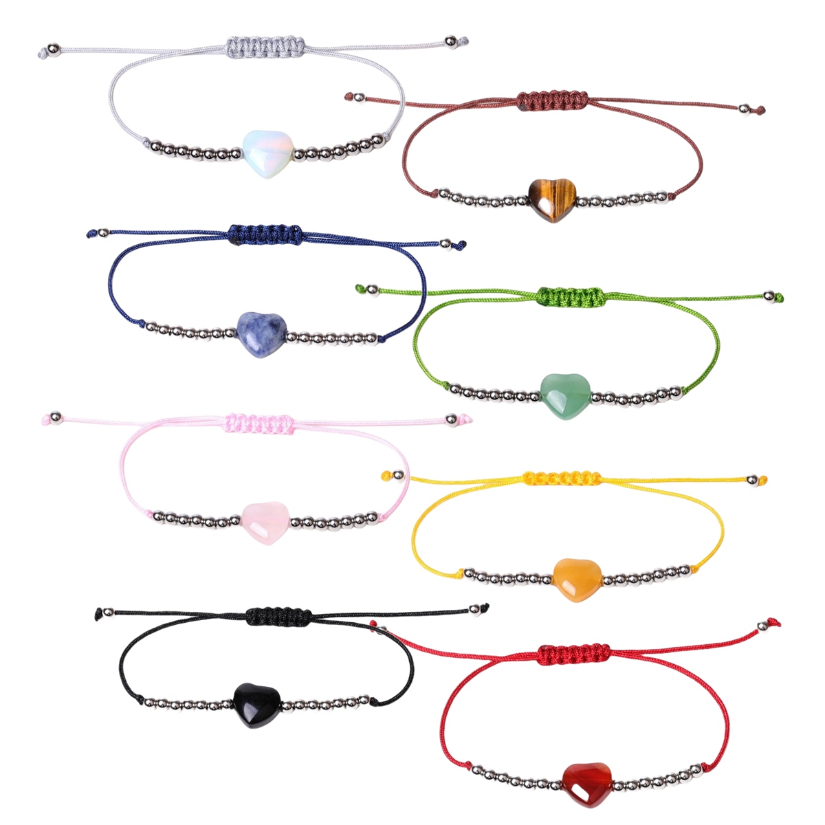 Healing Chakra Heart Stone Bracelet Silver beads Adjustable Jewelry for Women