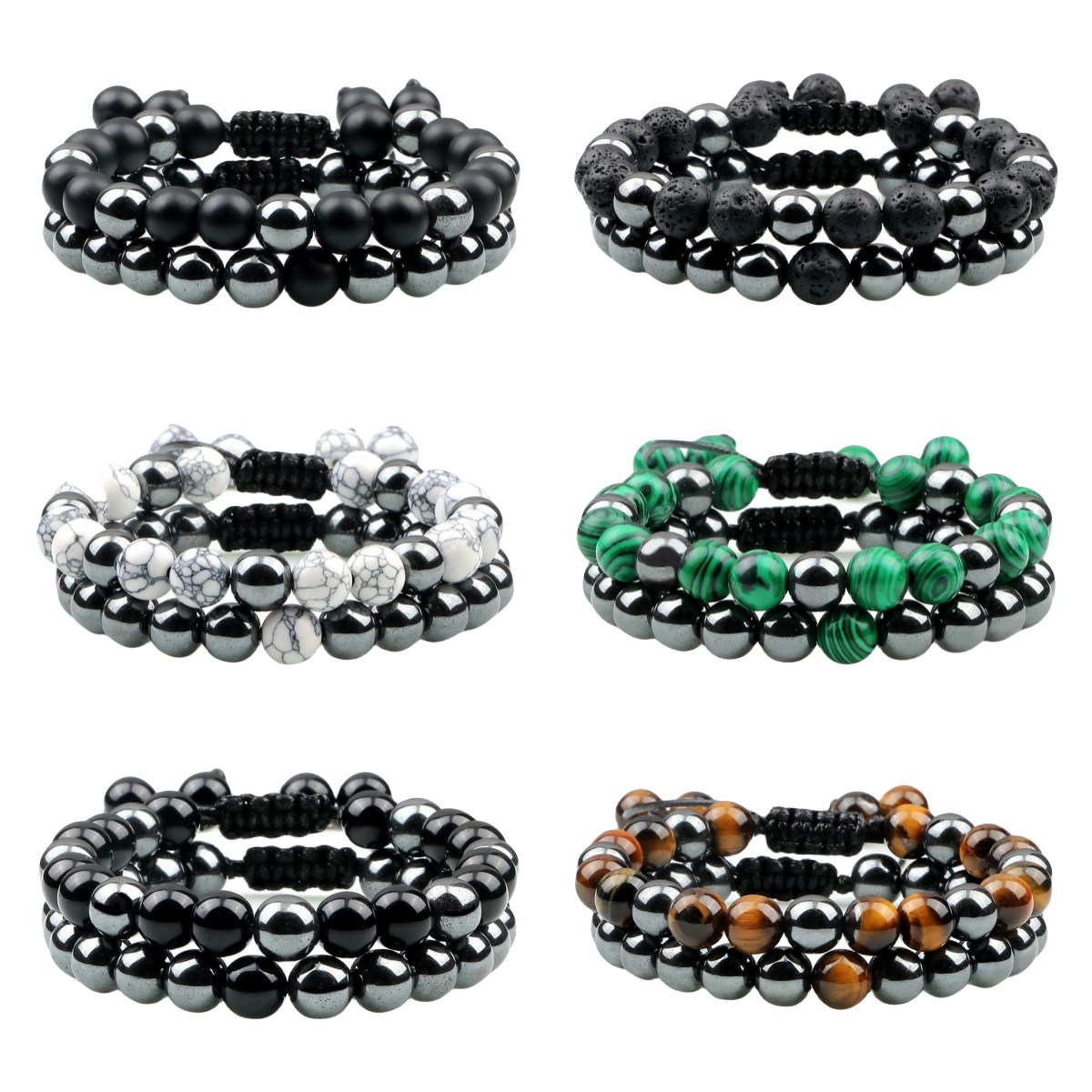 Couple Gemstone Set Bracelets Hematite and Natural Stone Adjustable Woven Bracelets