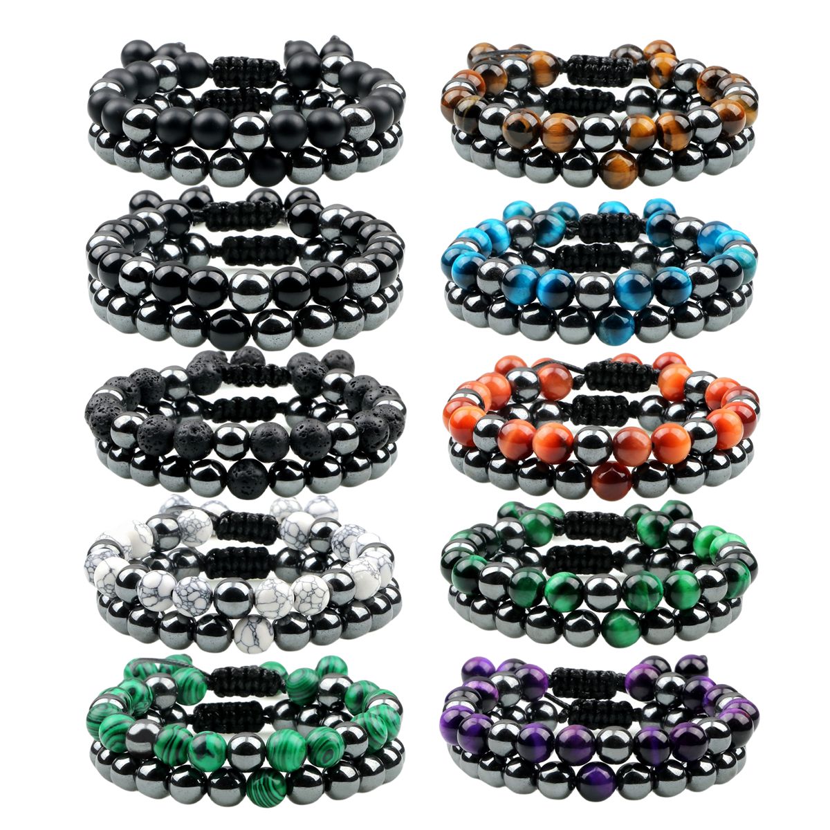 Couple Gemstone Set Bracelets Hematite and Natural Stone Adjustable Woven Bracelets
