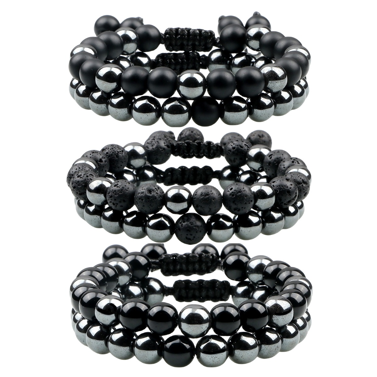 Couple Gemstone Set Bracelets Hematite and Natural Stone Adjustable Woven Bracelets