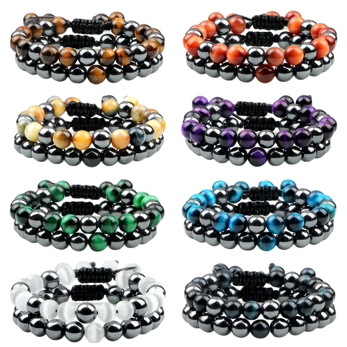 Couple Gemstone Set Bracelets Hematite and Natural Stone Adjustable Woven Bracelets