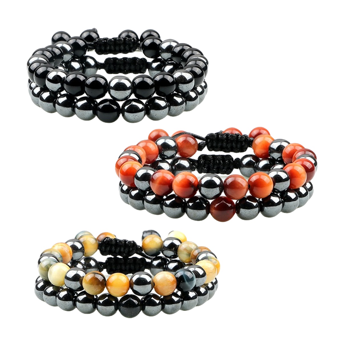 Couple Gemstone Set Bracelets Hematite and Natural Stone Adjustable Woven Bracelets