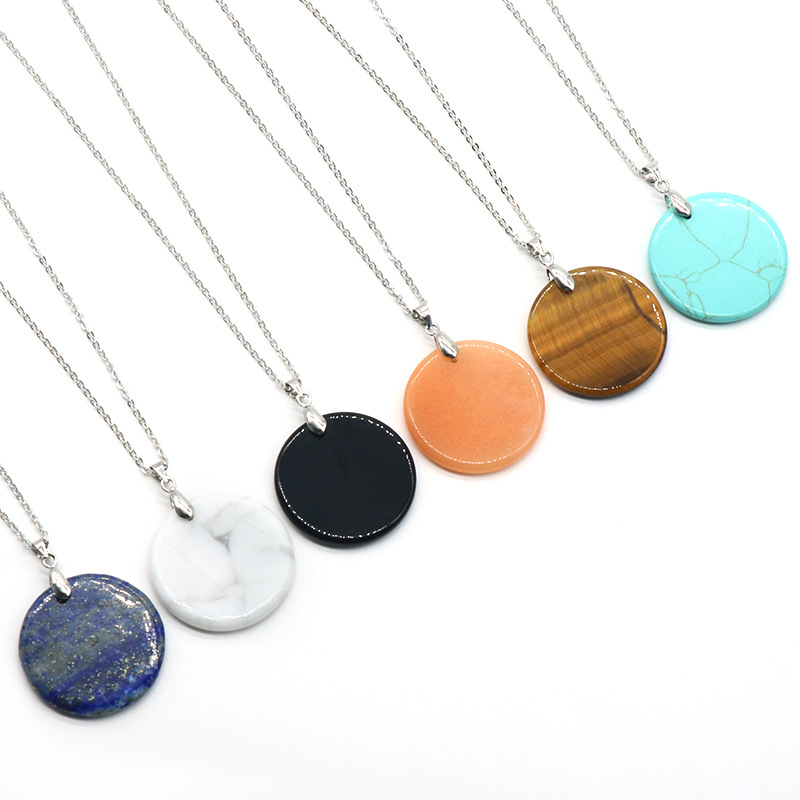 Round Disc Gemstone Pendant Necklace 30MM Healing Chakra Lucky Donut Coin Circle SN1453 