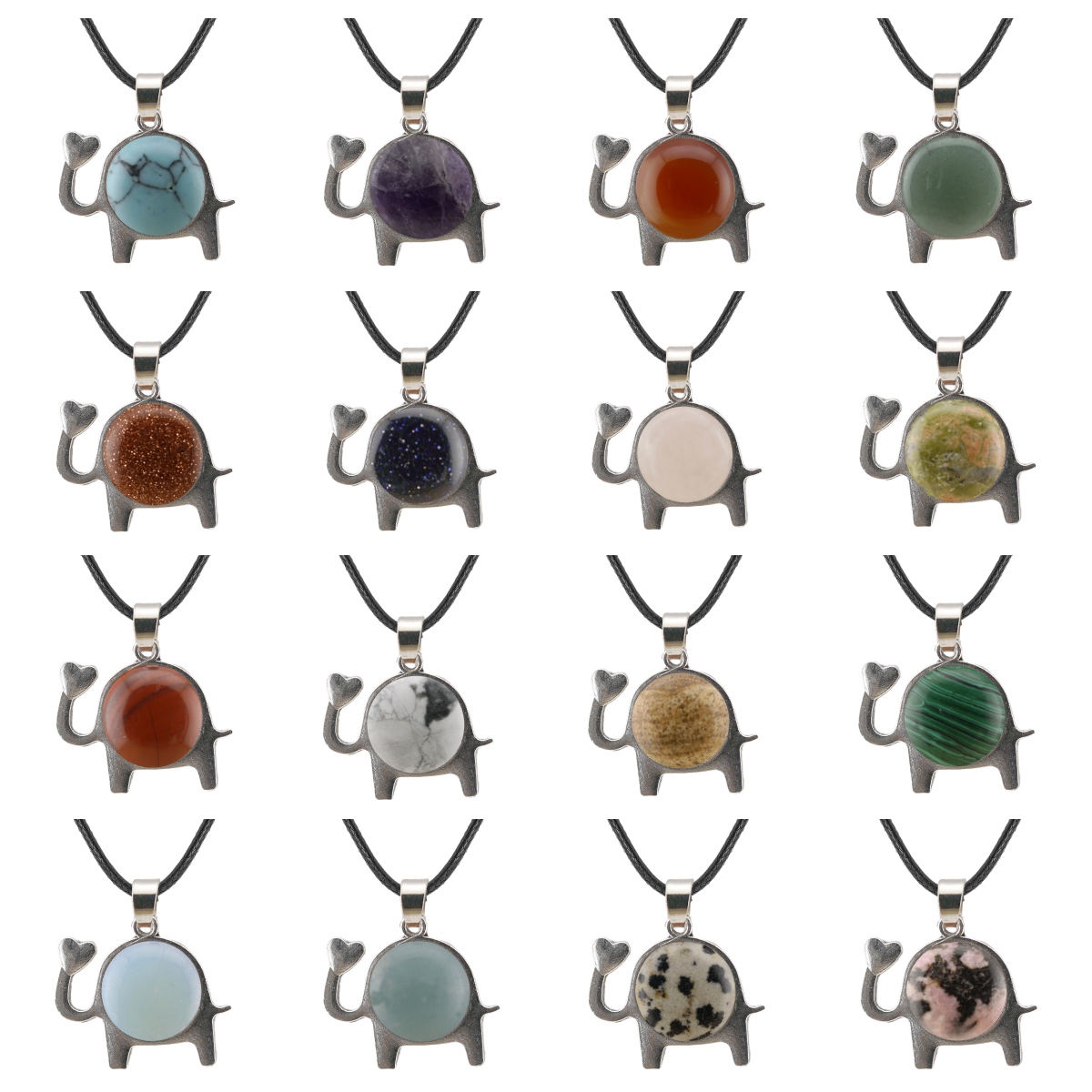 Natural Gemstone Elephant  Necklace for Women Men 14MM Stone CAB Silver Love Heart Animal Choker