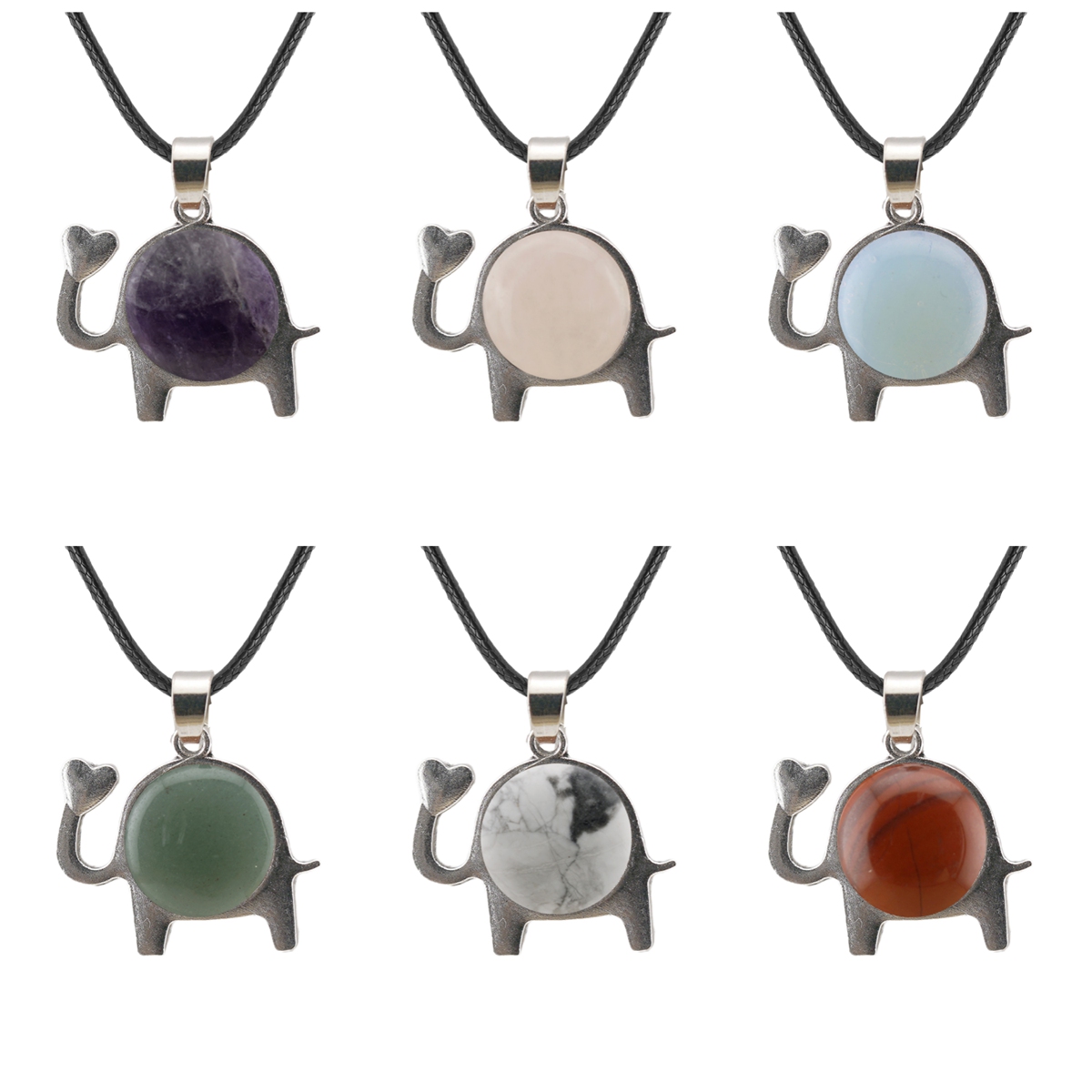 Natural Gemstone Elephant  Necklace for Women Men 14MM Stone CAB Silver Love Heart Animal Choker