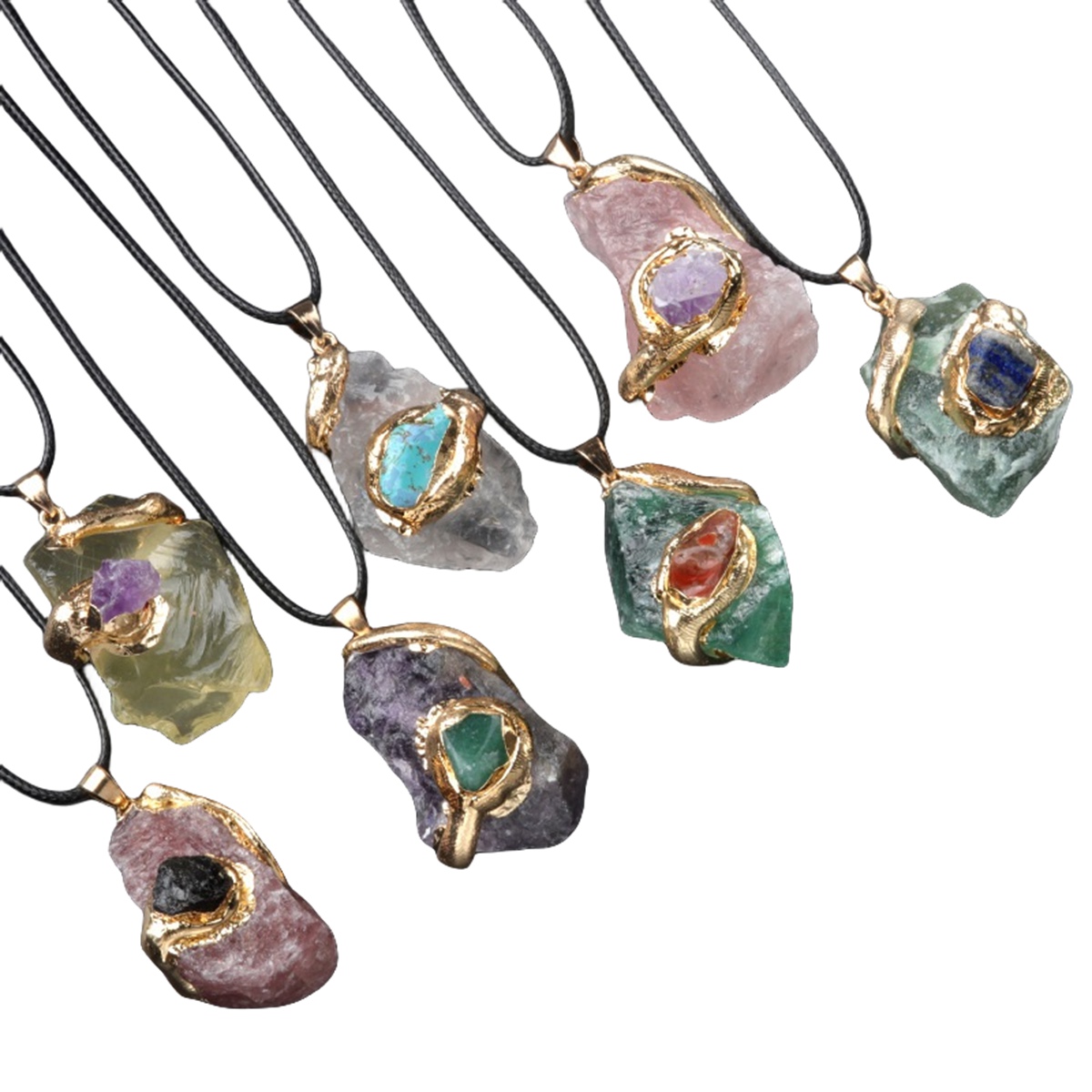  Irregular Raw Crystal Pendant Necklace 18" Black Cord  Gold Gemstone for women men