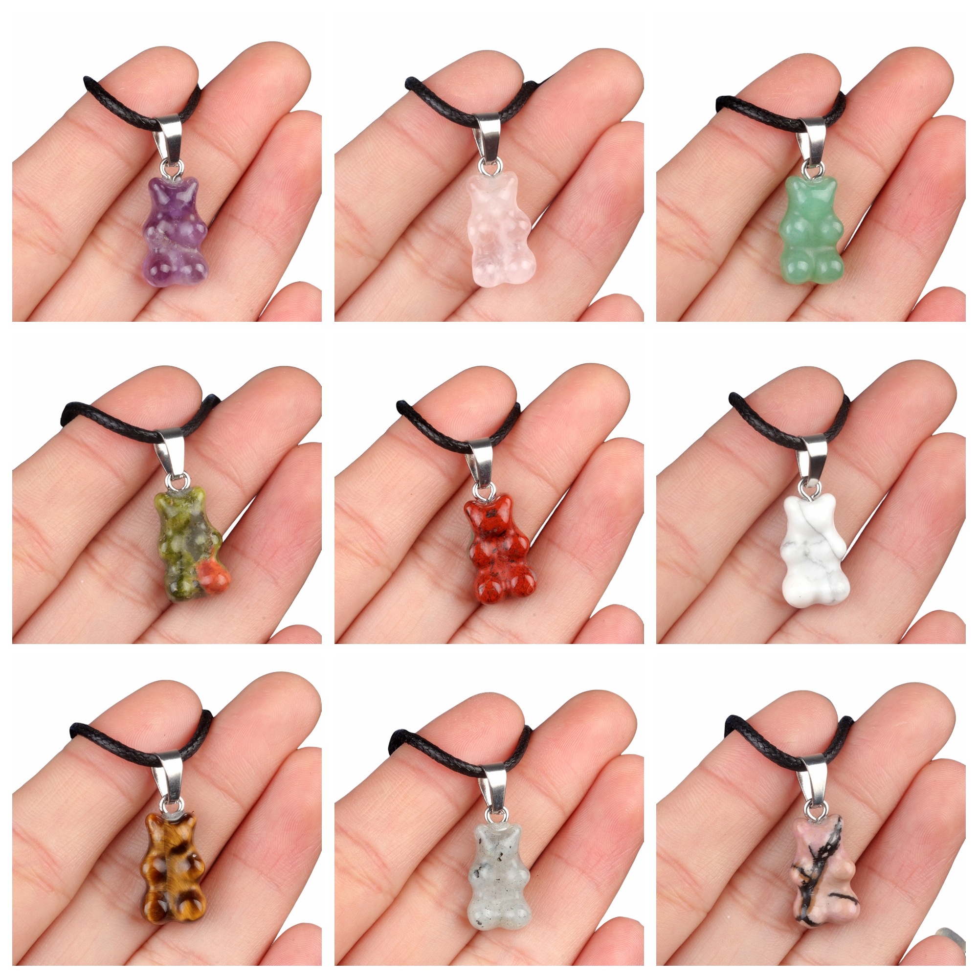 Natural Gemstone Bear Pendant Necklace 18" Black Cord 10x18MM Handmade Craved Animal 