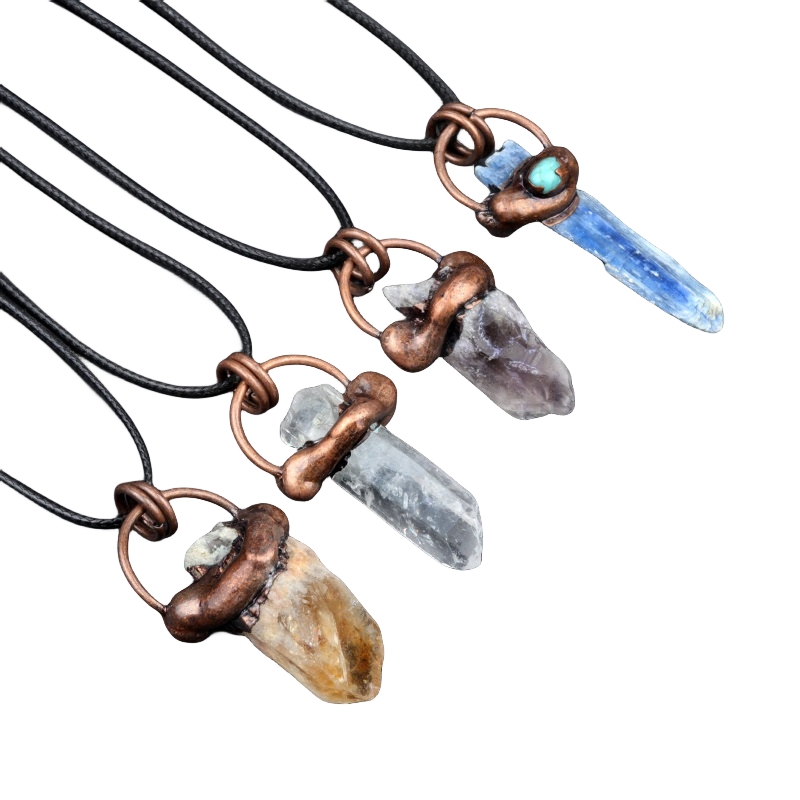 Antique Brass Irregular Raw Crystal Pendant Necklace for women men 