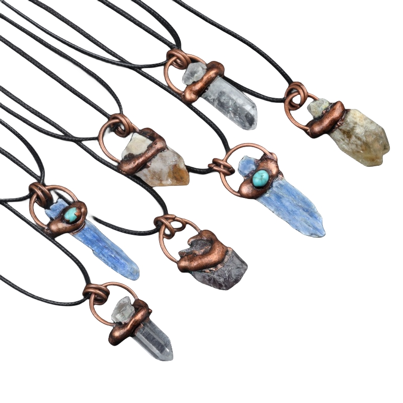 Antique Brass Irregular Raw Crystal Pendant Necklace for women men 