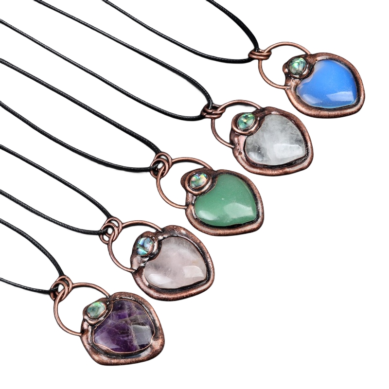 Natual Gemstone Love Heart Retro Red Copper Stone Pendant Necklace  45CM Black Cord 