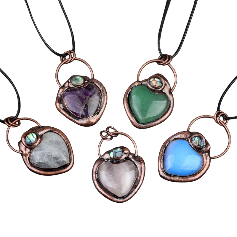 Natual Gemstone Love Heart Retro Red Copper Stone Pendant Necklace  45CM Black Cord 