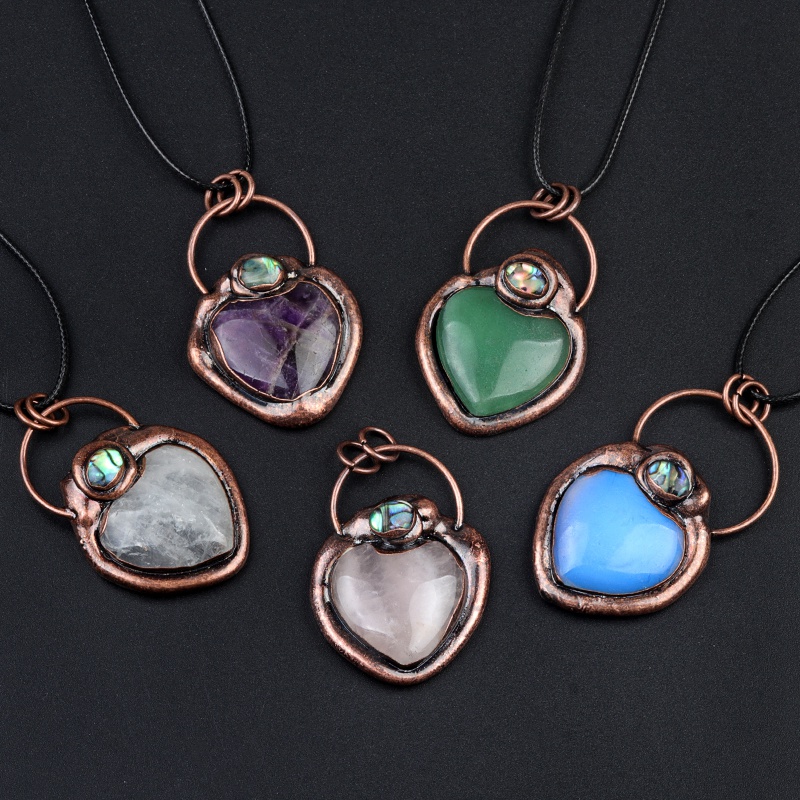 Natual Gemstone Love Heart Retro Red Copper Stone Pendant Necklace  45CM Black Cord 