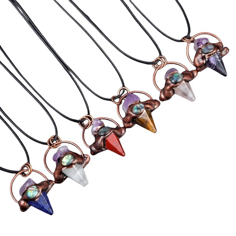 Retro Red Copper Hexagonal Pyramid Stone Pendant Necklace 45CM Black Cord