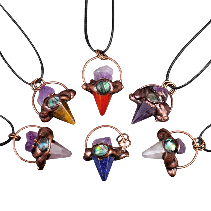 Retro Red Copper Hexagonal Pyramid Stone Pendant Necklace 45CM Black Cord