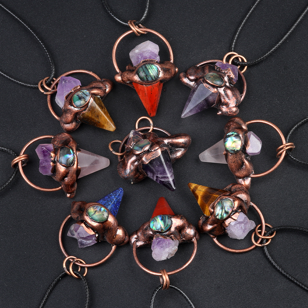 Retro Red Copper Hexagonal Pyramid Stone Pendant Necklace 45CM Black Cord