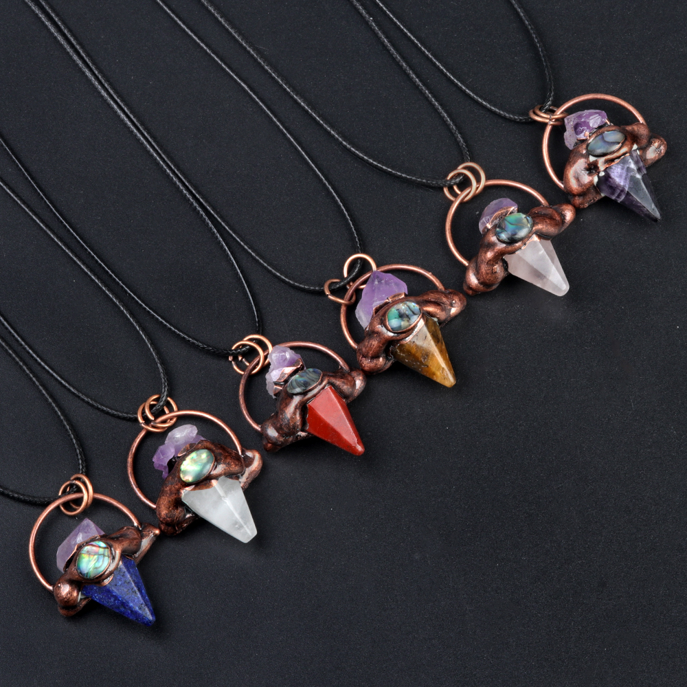 Retro Red Copper Hexagonal Pyramid Stone Pendant Necklace 45CM Black Cord