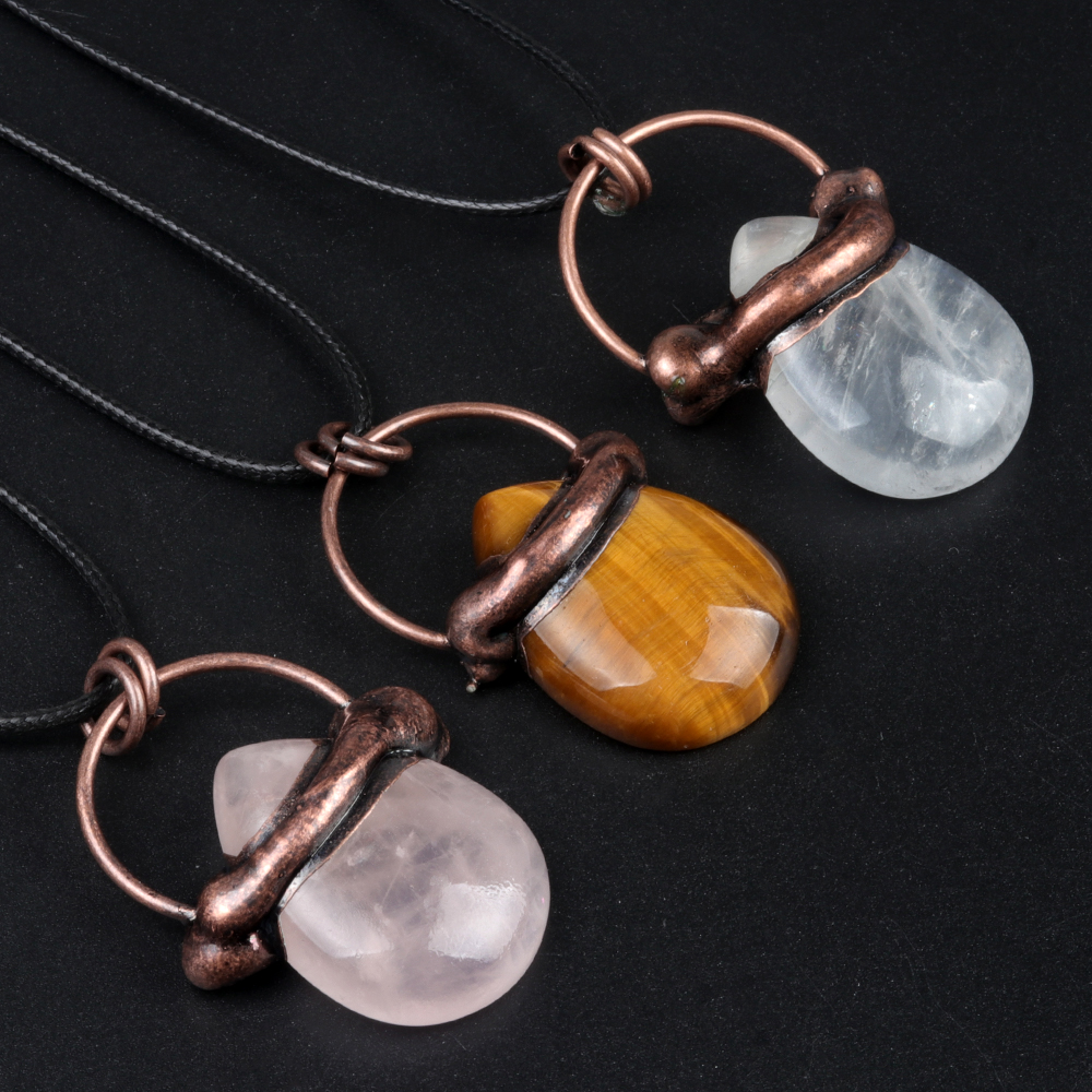 Retro Red Copper Teardrop Gemstone Pendant Necklace  45CM Black Cord