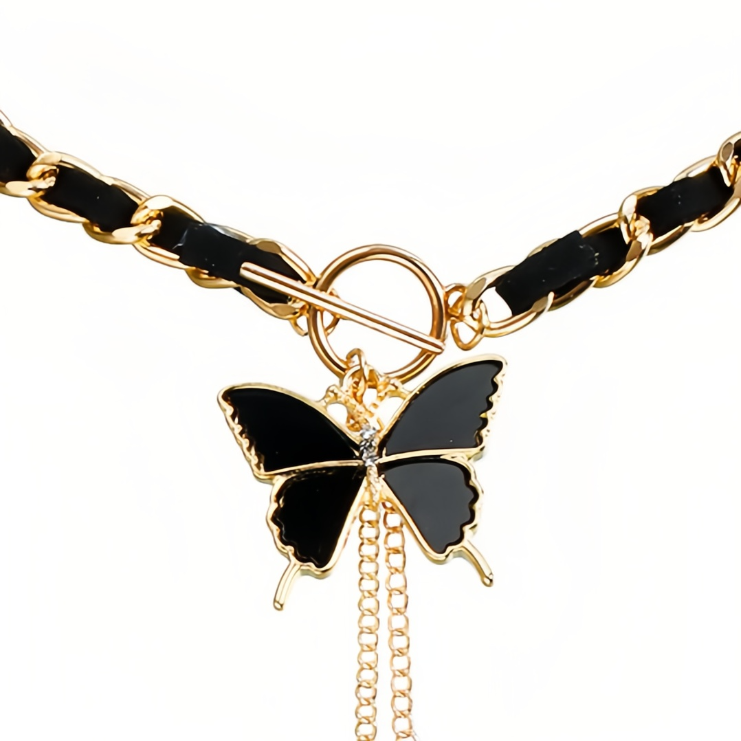 Black Velvet Wrapped Gold Chain Choker & Tassel Charms Necklace