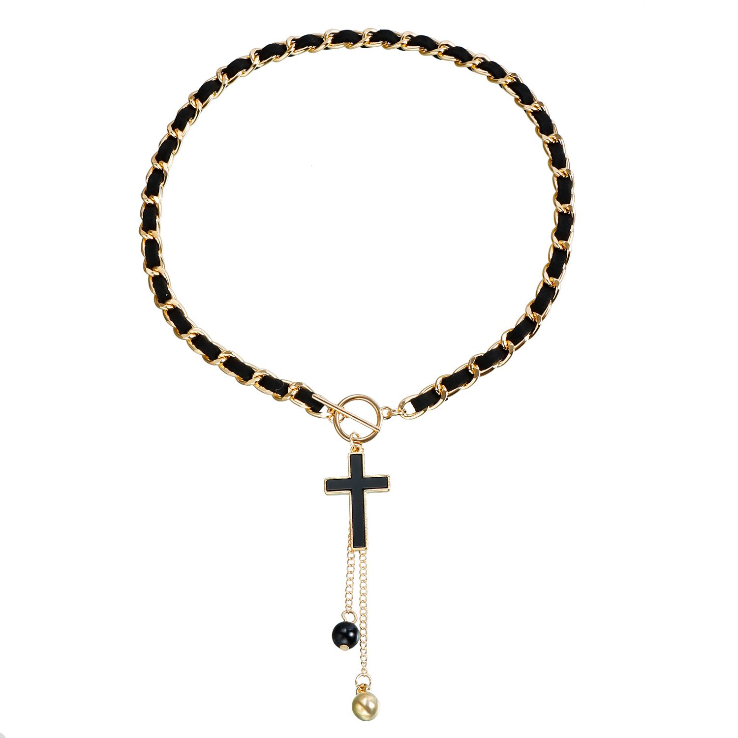 Black Velvet Wrapped Gold Chain Choker & Tassel Charms Necklace