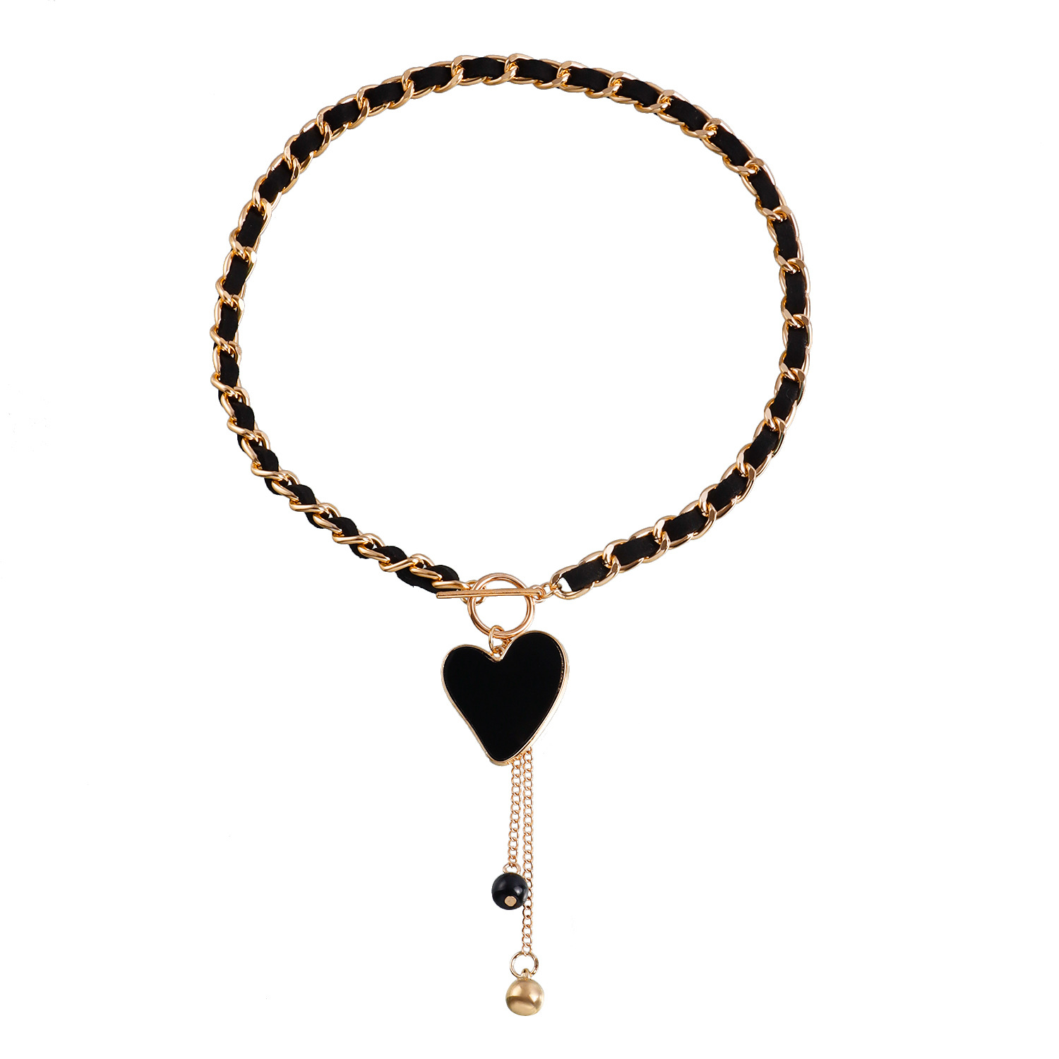 Black Velvet Wrapped Gold Chain Choker & Tassel Charms Necklace