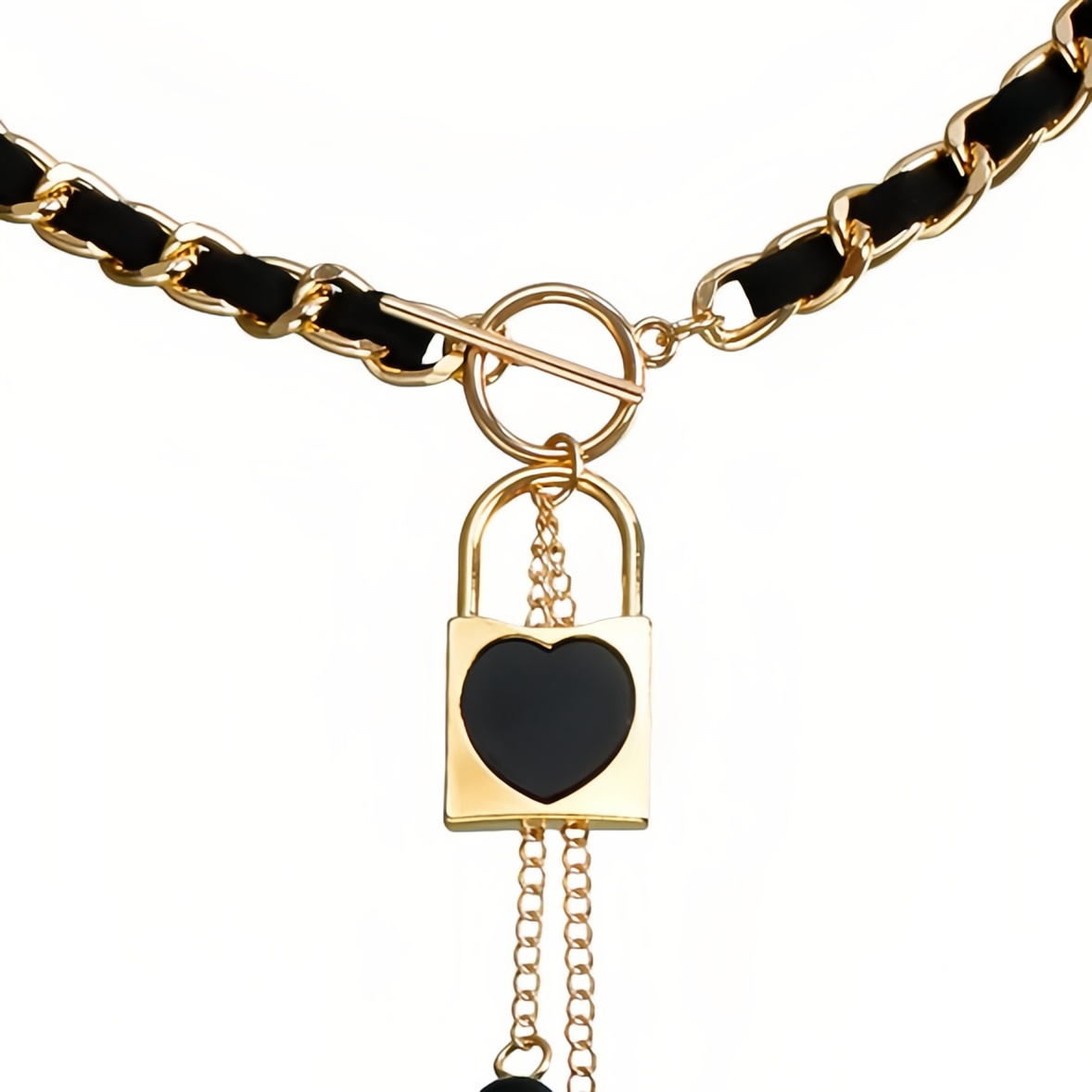 Black Velvet Wrapped Gold Chain Choker & Tassel Charms Necklace