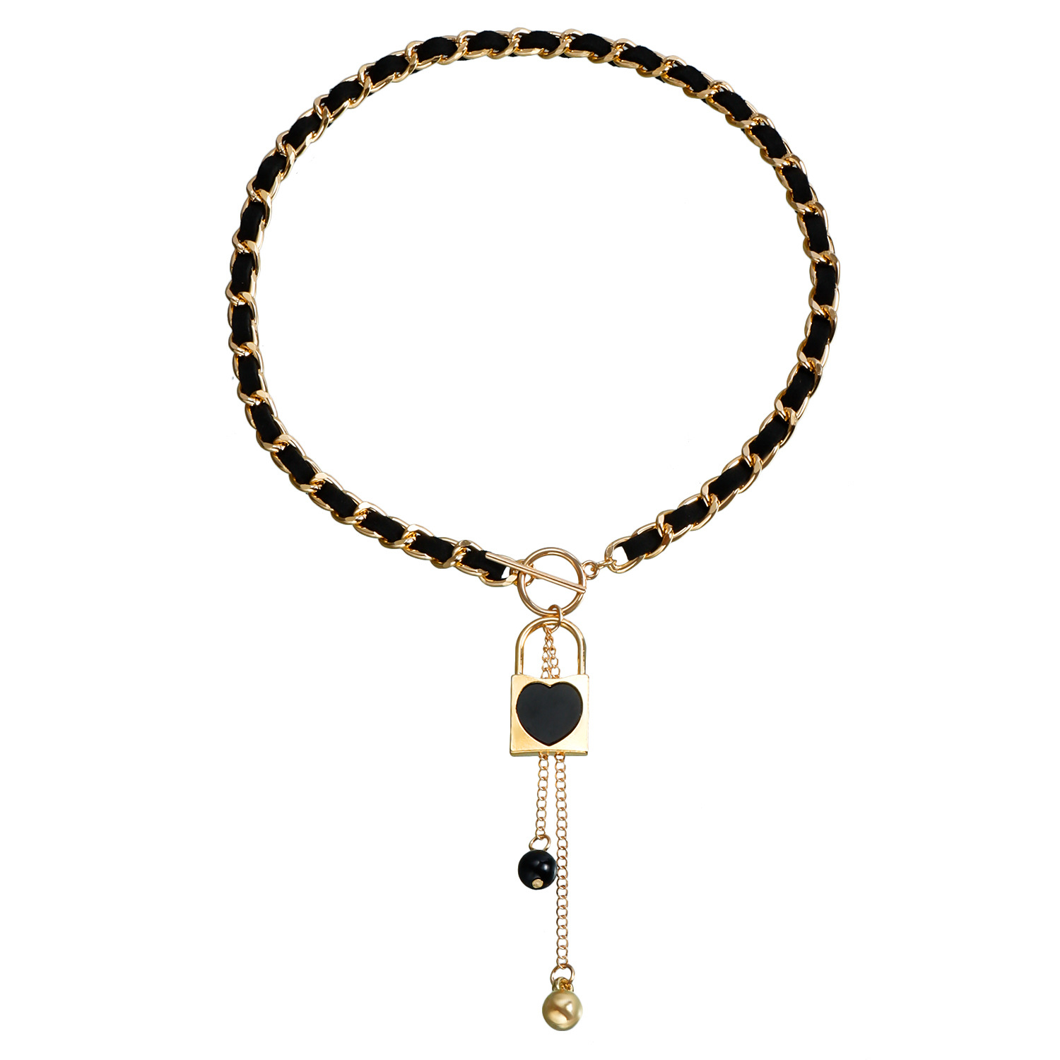 Black Velvet Wrapped Gold Chain Choker & Tassel Charms Necklace