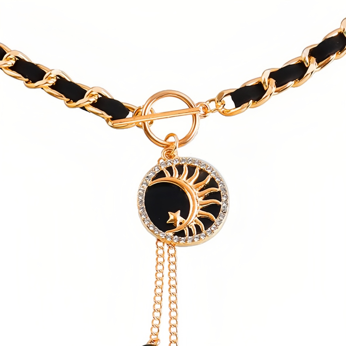 Black Velvet Wrapped Gold Chain Choker & Tassel Charms Necklace