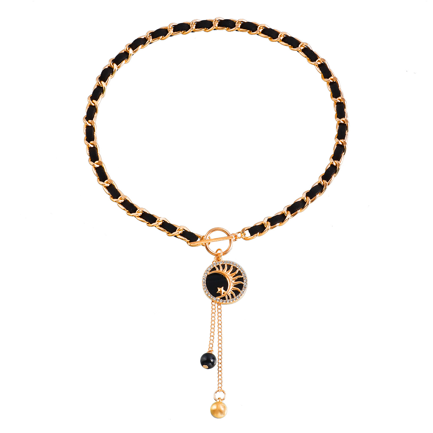 Black Velvet Wrapped Gold Chain Choker & Tassel Charms Necklace