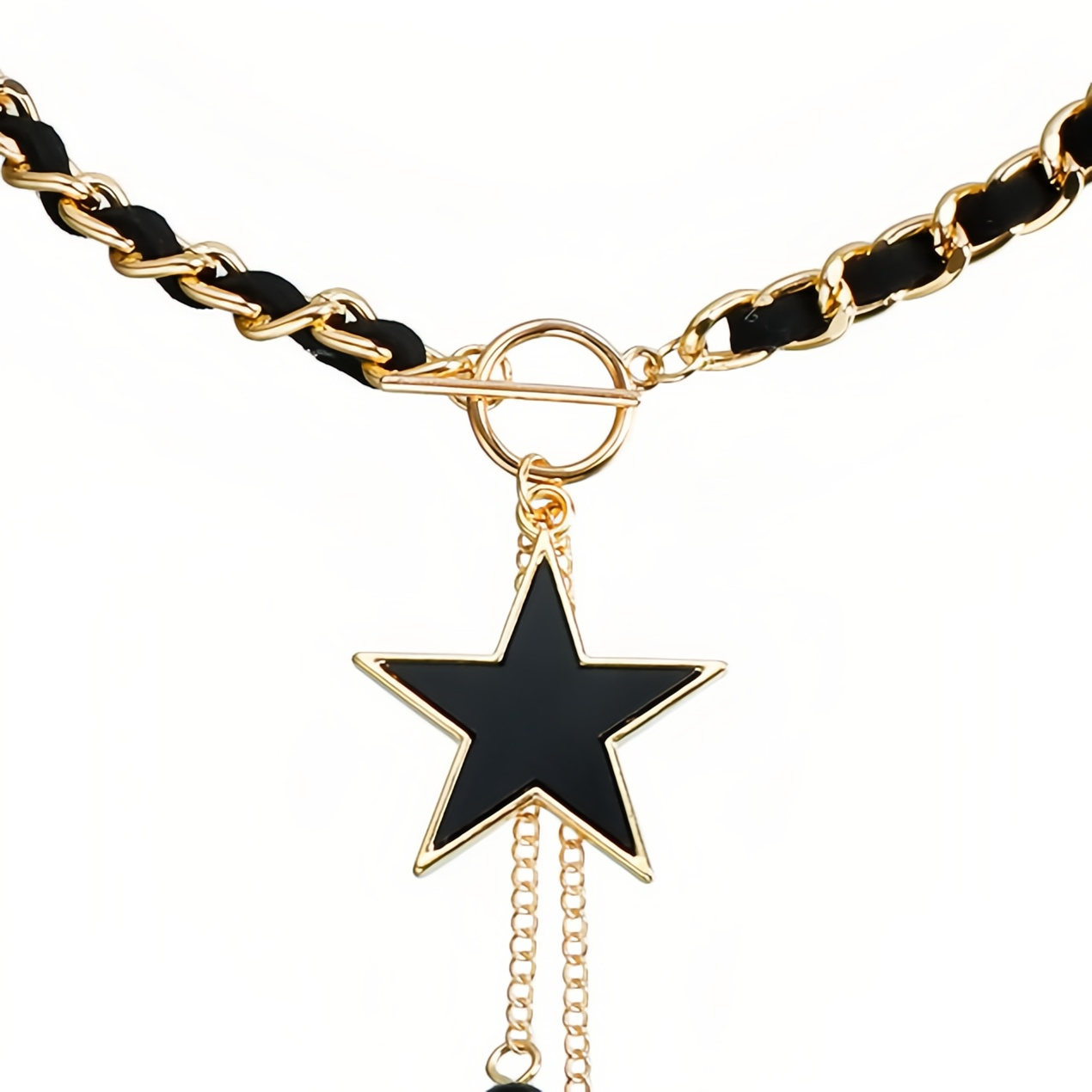 Black Velvet Wrapped Gold Chain Choker & Tassel Charms Necklace