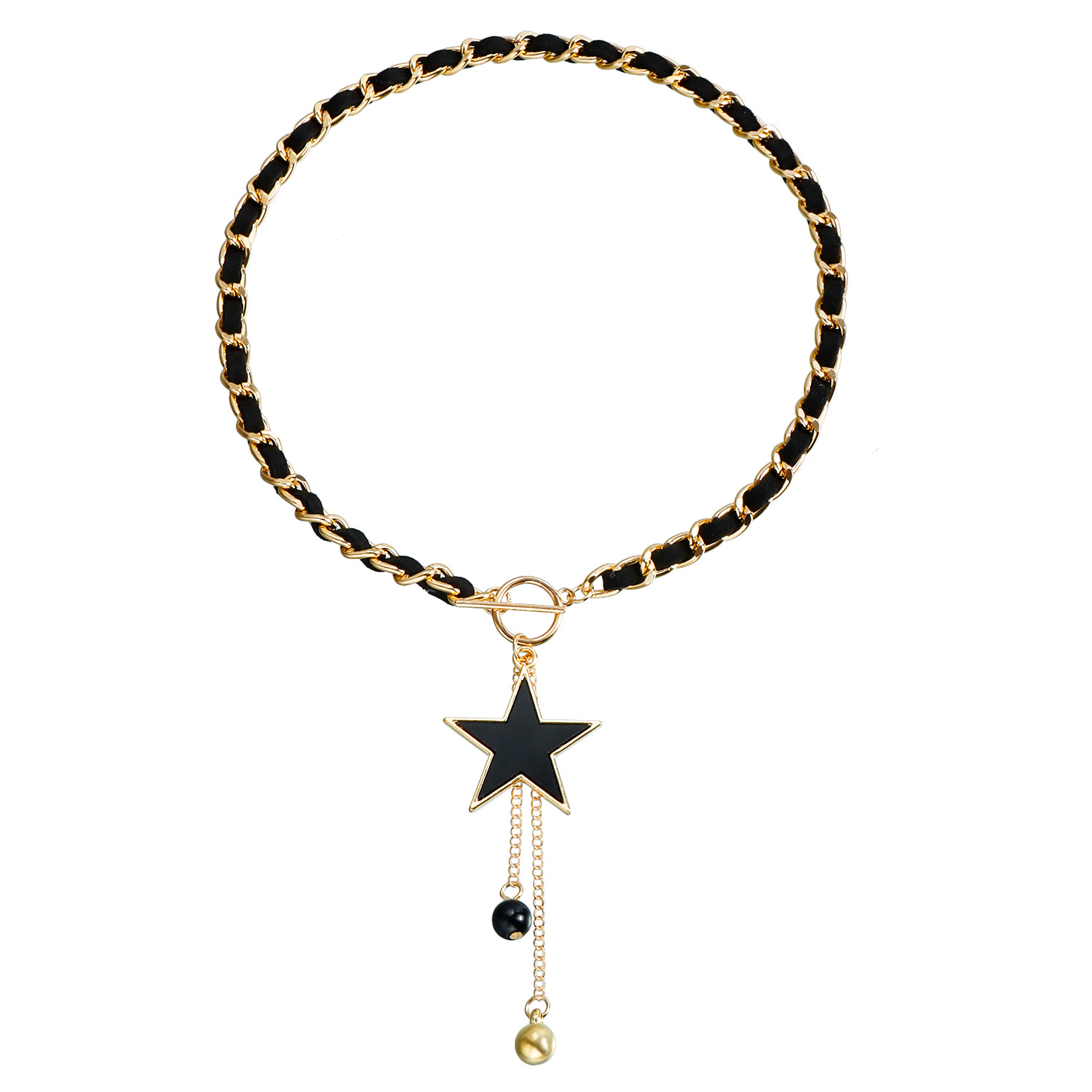 Black Velvet Wrapped Gold Chain Choker & Tassel Charms Necklace