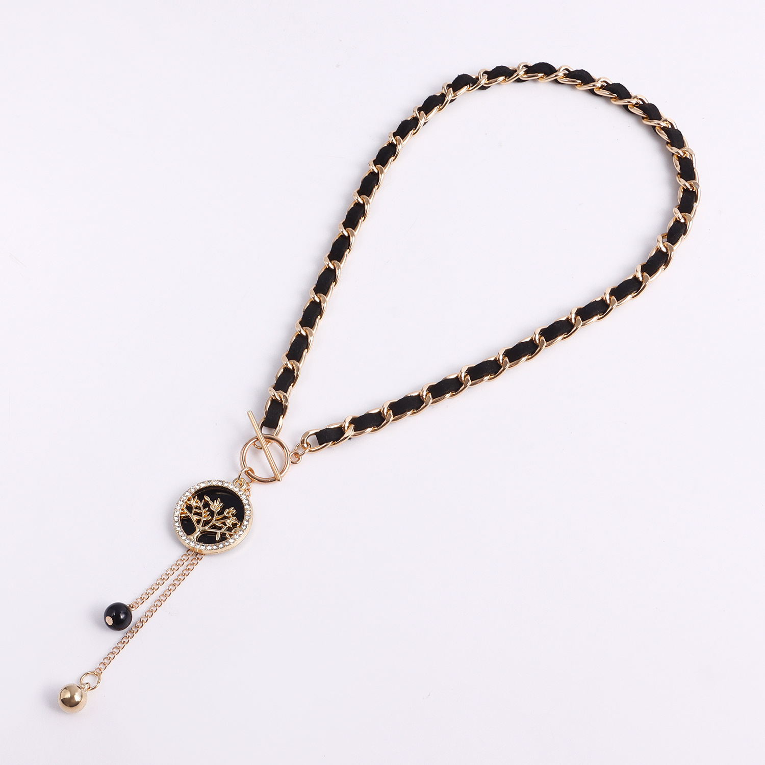 Black Velvet Wrapped Gold Chain Choker & Tassel Charms Necklace