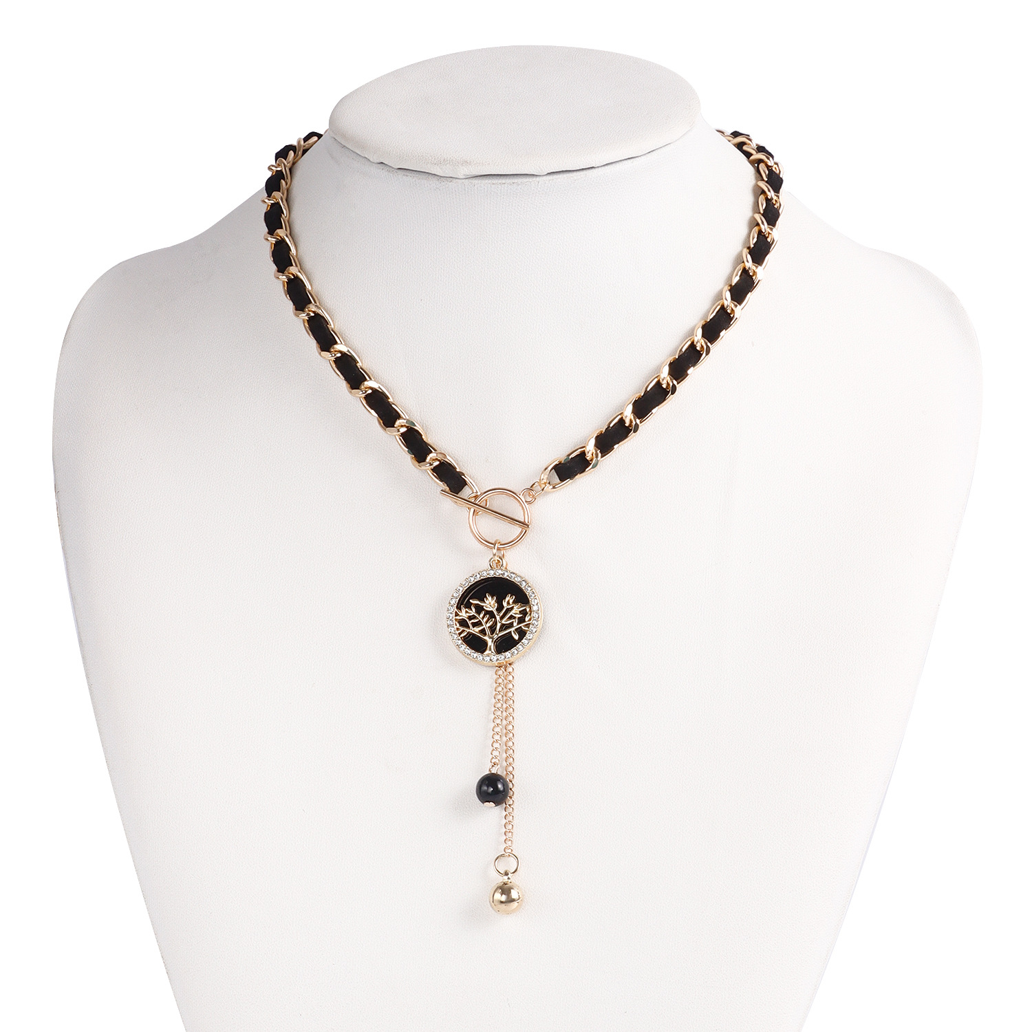 Black Velvet Wrapped Gold Chain Choker & Tassel Charms Necklace