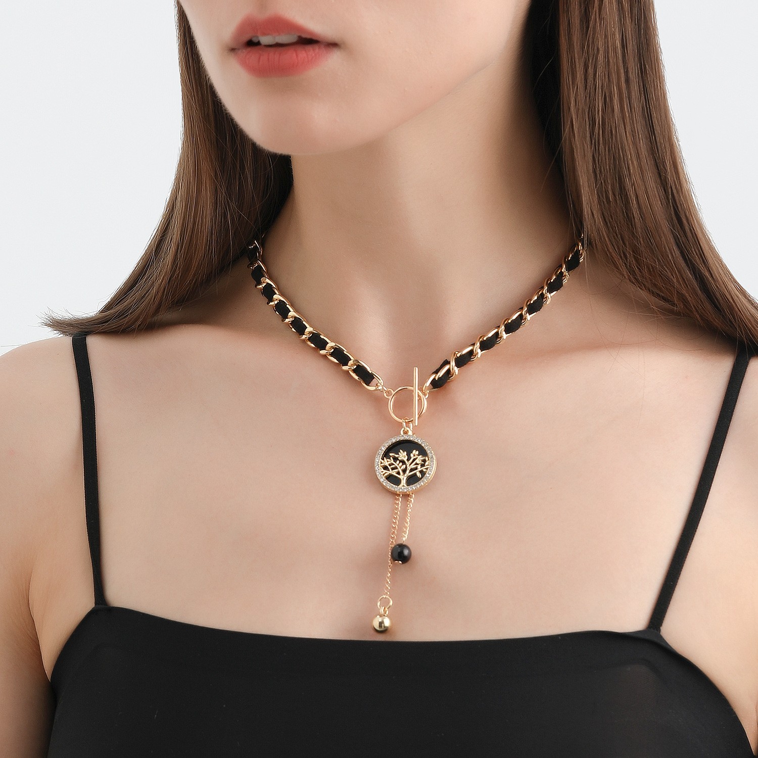 Black Velvet Wrapped Gold Chain Choker & Tassel Charms Necklace