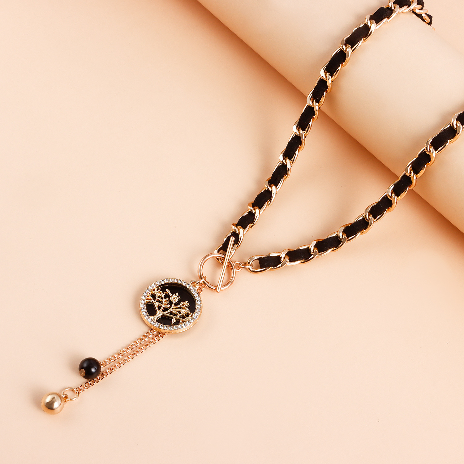 Black Velvet Wrapped Gold Chain Choker & Tassel Charms Necklace