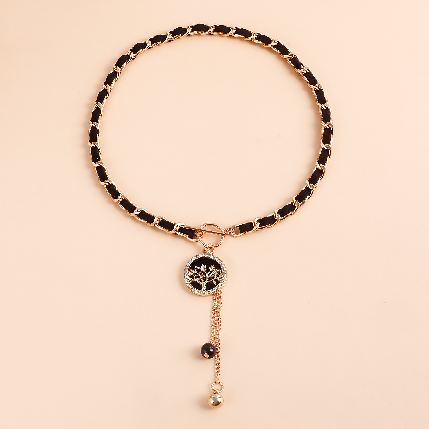 Black Velvet Wrapped Gold Chain Choker & Tassel Charms Necklace