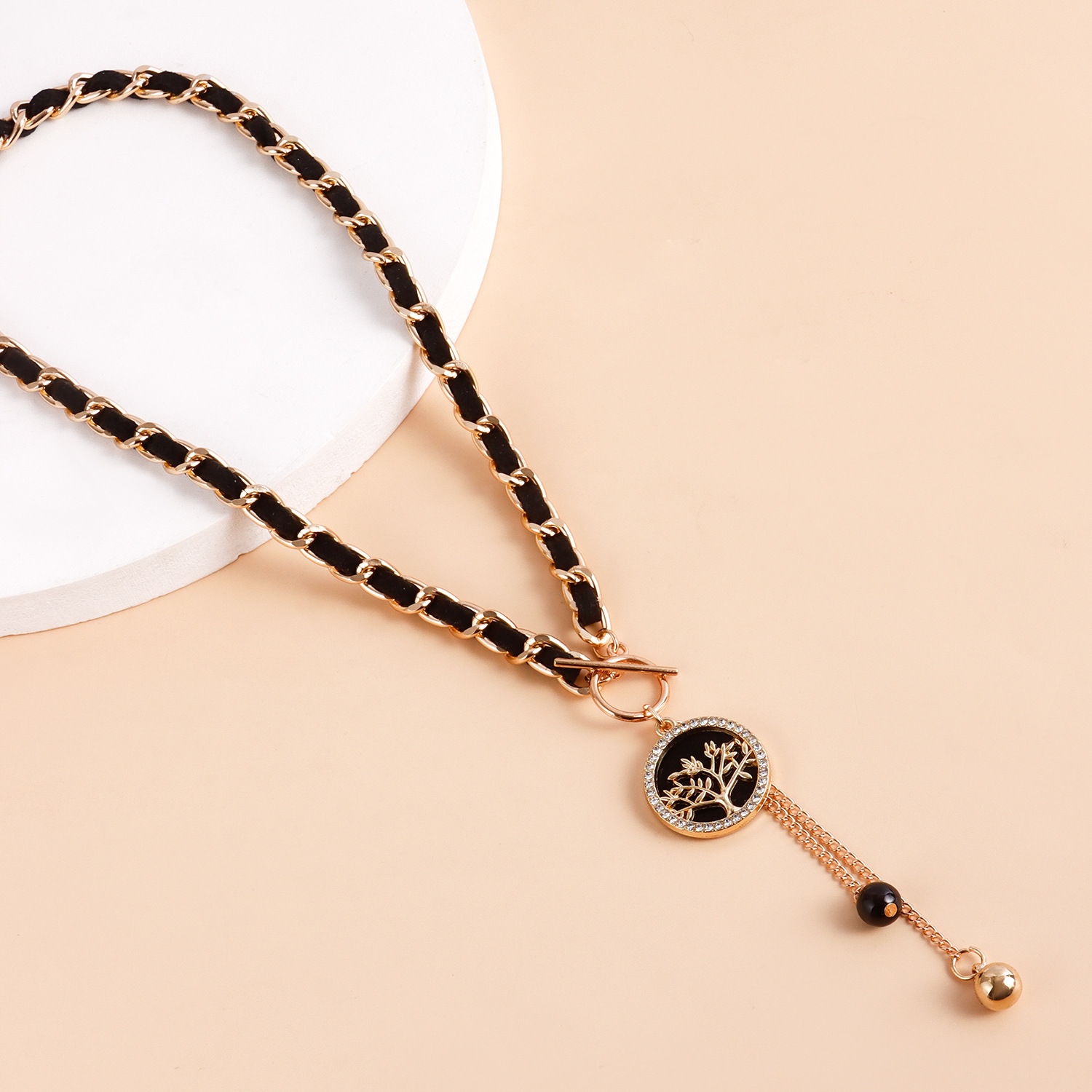 Black Velvet Wrapped Gold Chain Choker & Tassel Charms Necklace