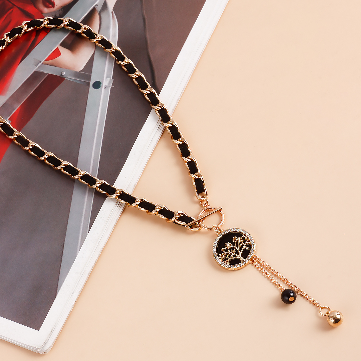 Black Velvet Wrapped Gold Chain Choker & Tassel Charms Necklace