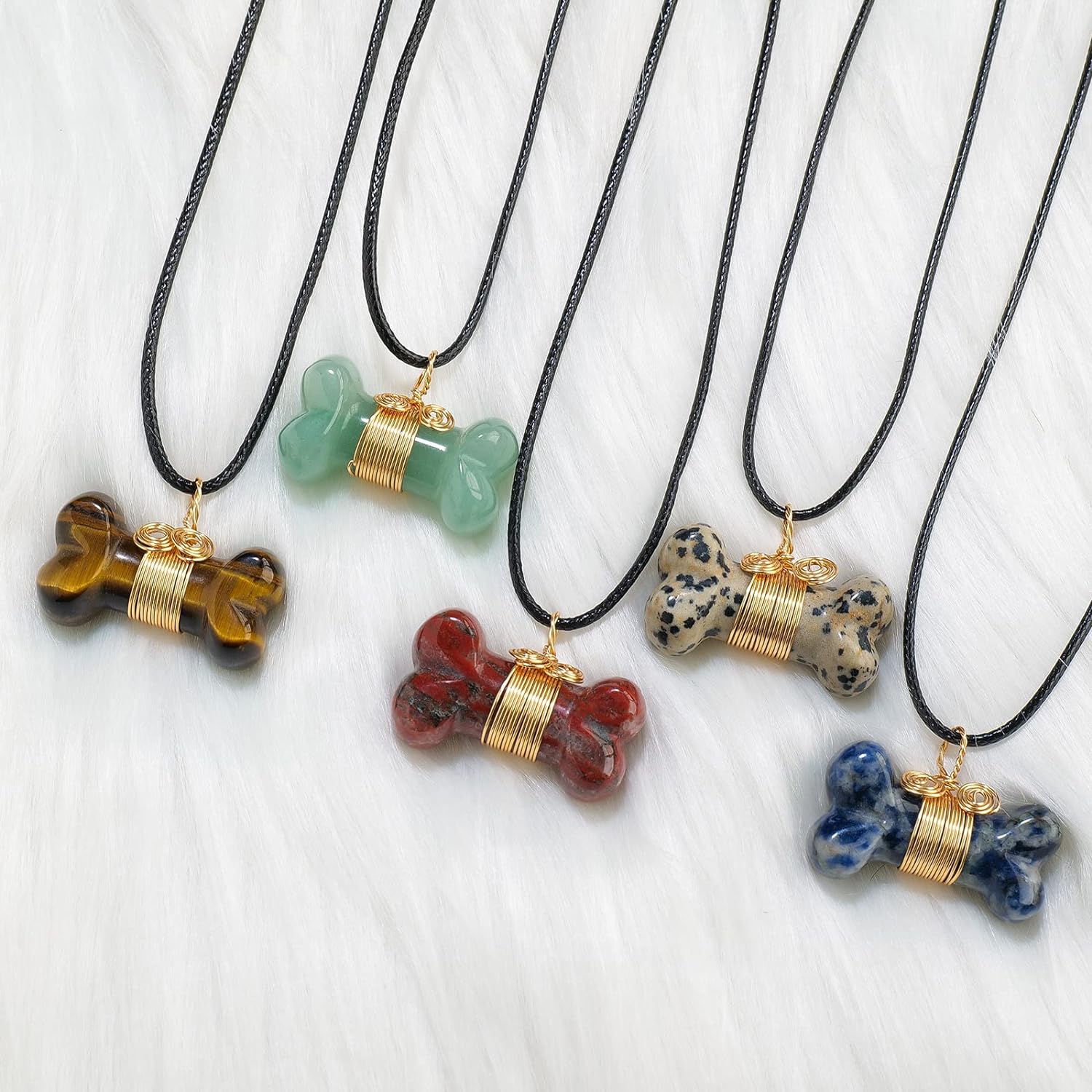 Natural Gemstone Bone Shape Pendant Healing Reiki Gem Necklace Pet Ornaments Balanced Pacification Hand Carving Bone Ornaments Dog Lovers