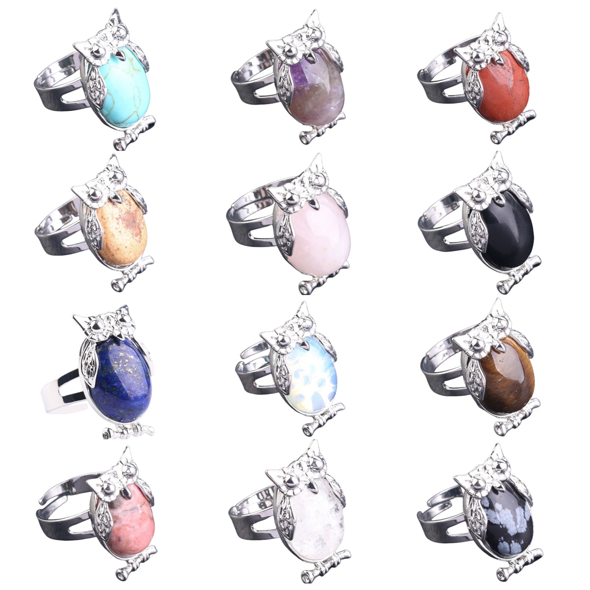 Silver Owl Stone Rings for Women Men Adjustable SR0151S