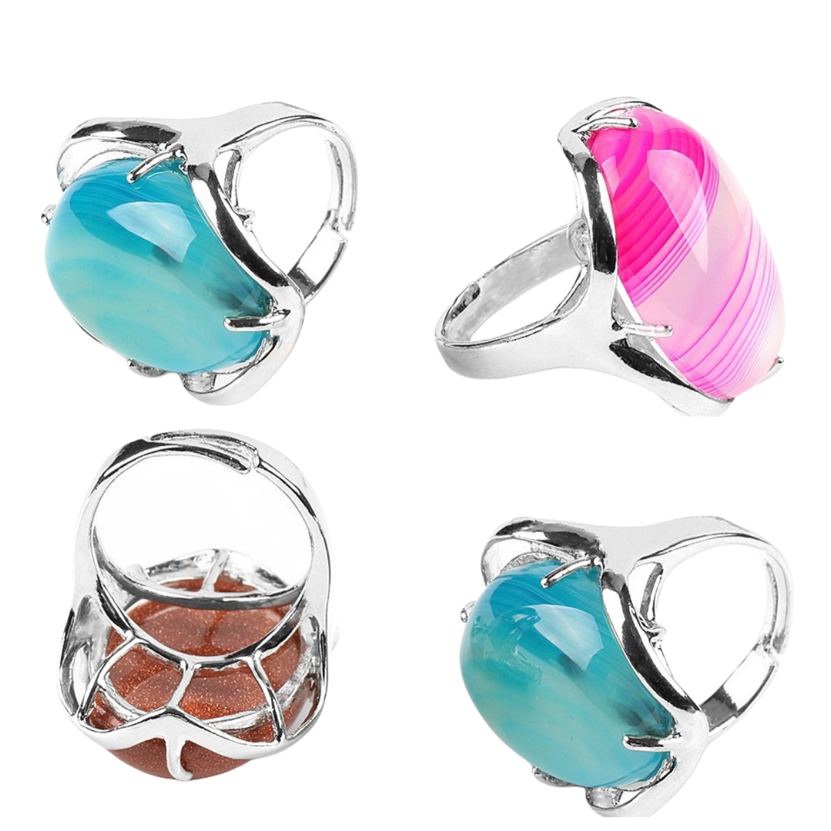 Silver Stone Rings for Women Men Adjustable 18x25MM Oval Gemstone CAB SR0156S 