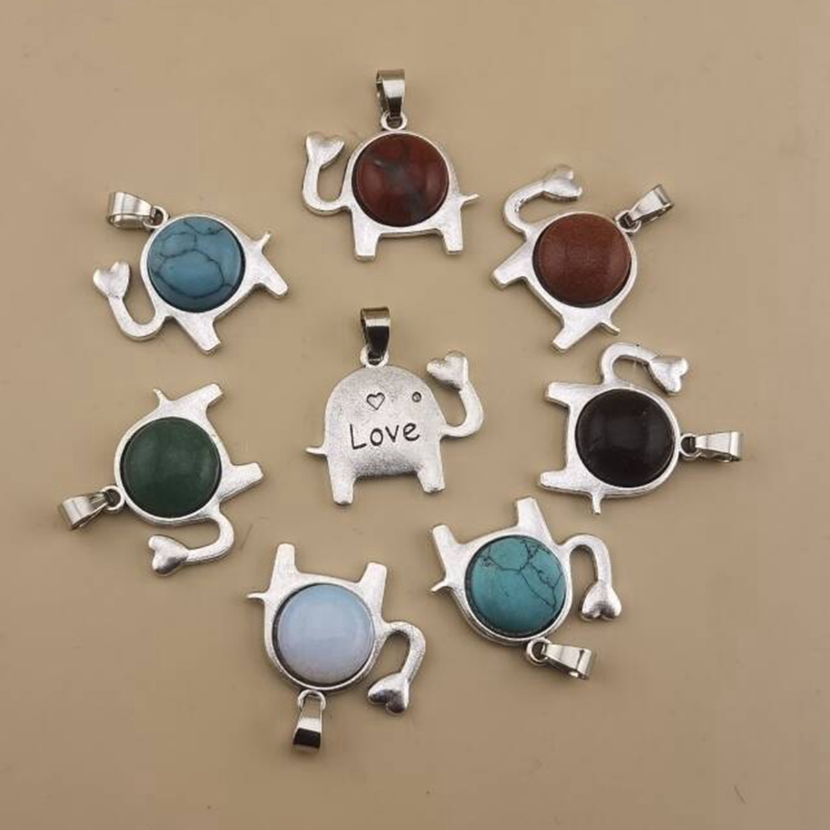 Silver Alloy Elephant Gemstone Pendant for Jewelry Making Necklace Earrings Love Heart 